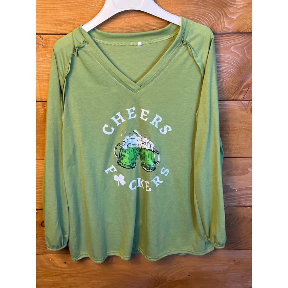Women Green Lng Sleev V Neck Cheers F$ckers Beer St Patricks Day Graphic Shirt M